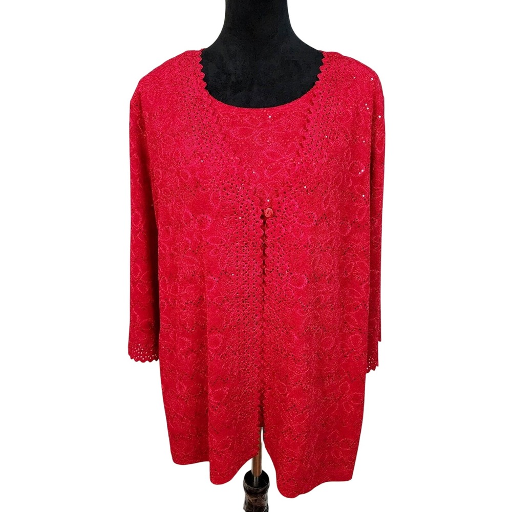 Vintage MAGGIE SWEET Size XL Red Laser Cut Glitter Floral Twinset Cardigan Top